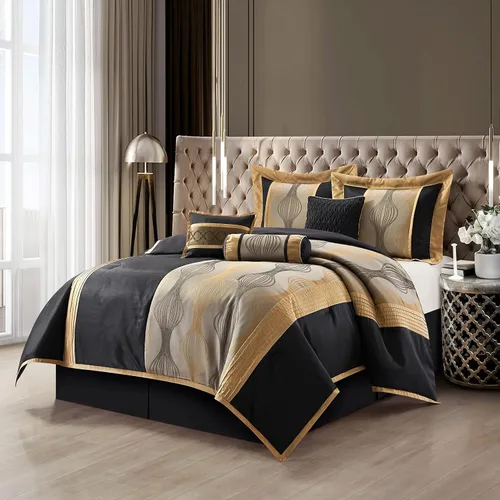 Vista 2 de Grand Avenue - Juego elegante de edredón negro y dorado, a rayas, 7 piezas de juego de cama de jacquard con edredón para todas las estaciones