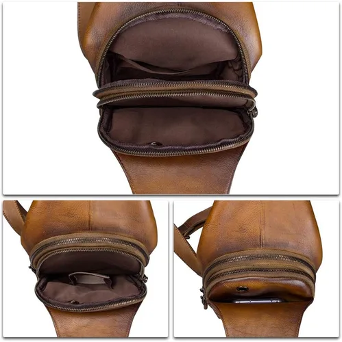 Vista 7 de Bolso bandolera de cuero genuino para hombre, hombro en el pecho, mochila de senderismo vintage hecha a mano, Marrón, senderismo