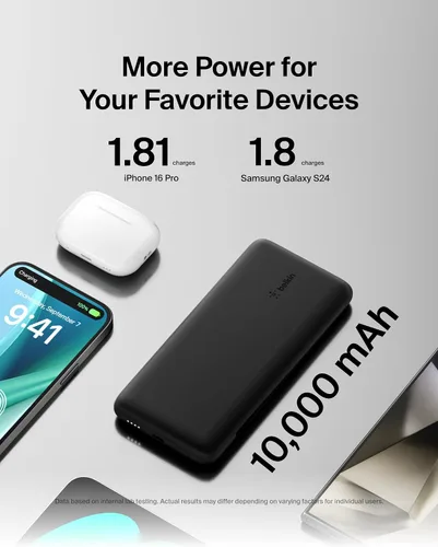 Vista 8 de Belkin Banco de Energía Cargador Portátil para iPhone/Android - 10,000mAh, Paquete de Batería de 23W para Teléfono con Cables USB-C y Lightning