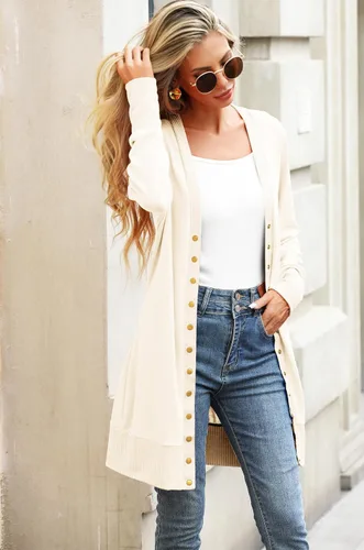 Vista 4 de Halife Womens Long Sleeve Cardigans Lightweight Ribbed Neckline Soft Knit Cardigan Sweater with Buttons