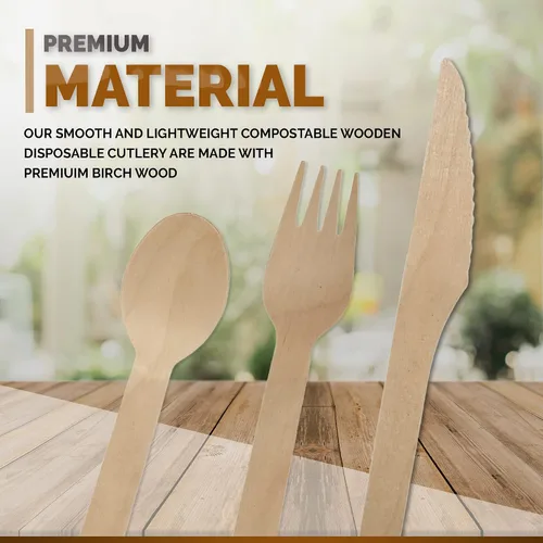 Vista 2 de Cubiertos de madera de abedul compostable – Paquete de 500 tenedores de madera biodegradables desechables – Tenedores, cucharas y cuchillos 100%