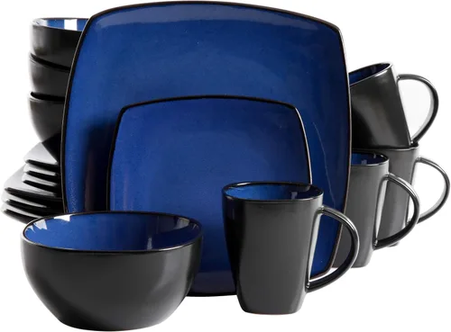 Vista 10 de Gibson Elite Nardini 12 Piezas (Servicio para 4) Platos y Cuencos de Esmalte Reactivo Vajilla de Cerámica de Piedra - Negro y Azul