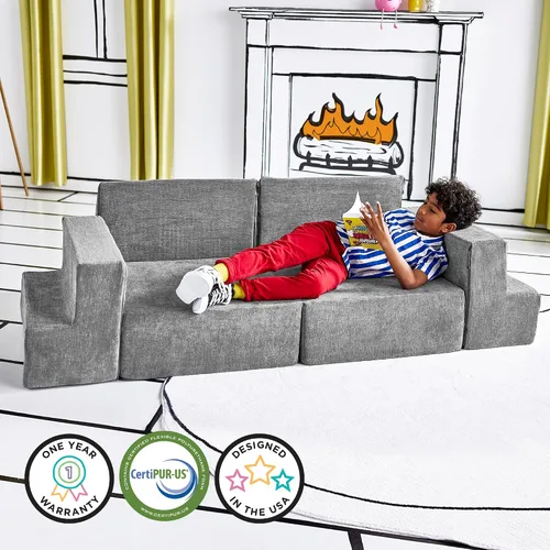 Vista 6 de Sofá de Juego para Niños y Pequeños de Yourigami, Juego de Sofás para Sala de Juegos, Diseño Modular Duradero, Gris Montaña