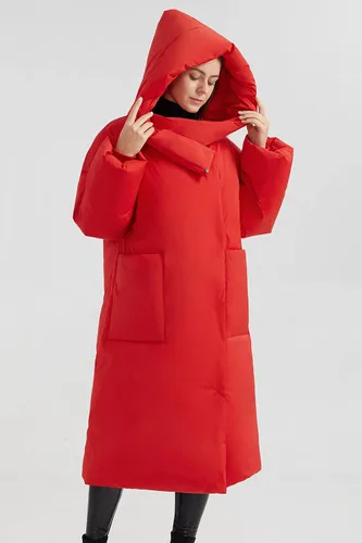 Vista 3 de Orolay Abrigo largo acolchado para mujer, chaqueta de invierno de gran tamaño con capucha