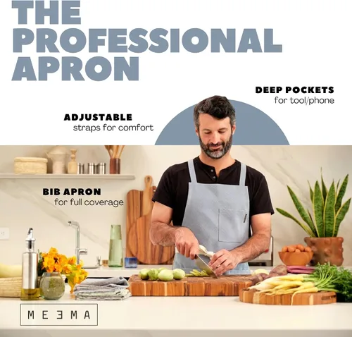 Vista 3 de MEEMA Chef Cross Back Aprons for Women with Pockets for Cooking, Baking Mezclilla azul