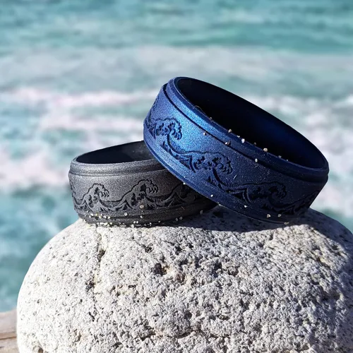 Vista 8 de Knot Theory Anillo de silicona para hombre, grabado de montaña, ondas, bosque, ancho de banda de 0.315 pulgadas, transpirable, ajuste cómodo