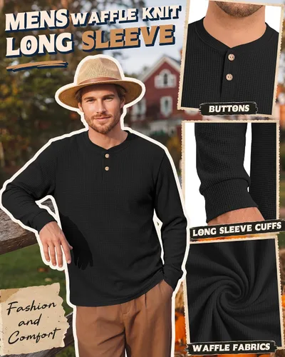Vista 4 de Ficerd Paquete de 5 camisas de manga larga para hombre Waffle Henley Negro