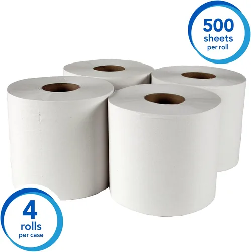 Vista 2 de Scott (01010). Toallas de papel perforado para mano, de extracción central, color blanco. 500 toallas por rollo, paquete de 4 rollos.