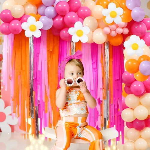 Vista 7 de Telón de fondo con flecos de arco de globos de color rosa y naranja, kit de arco de guirnalda de globos de margarita, serpentinas geniales