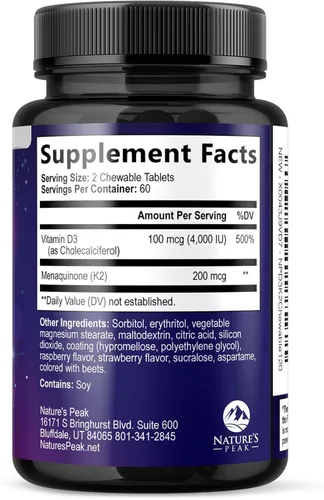 Vista 9 de Vitamina D3 K2-4000 UI Vitamina D3 y 200 mcg Vitamina K2 MK-7 – Apoyo a la salud ósea, corazón e inmune – Absorción de calcio – D3K2 sabor a bayas