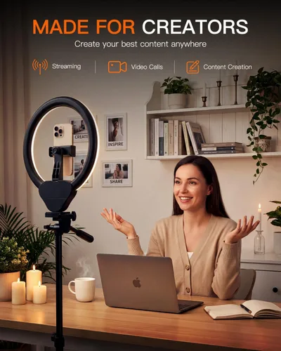 Vista 2 de SENSYNE - Anillo de luz de 10 pulgadas con soporte de trípode extensible de 50 pulgadas, luces circulares LED con soporte para teléfono