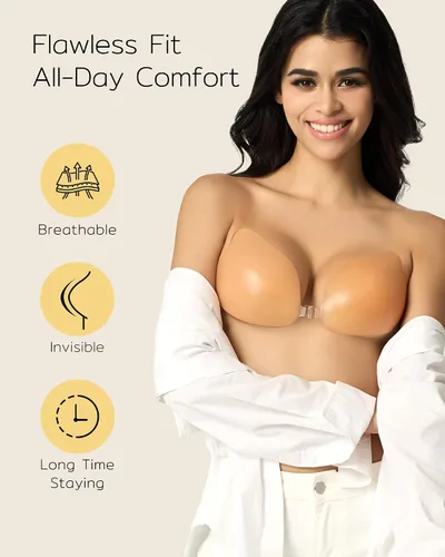 Vista 2 de Sujetador adhesivo Niidor sin tirantes de silicona invisible para vestido sin espalda con 2 cubiertas de silicona, Flexión, C copa