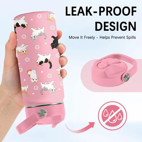 Vista 5 de Botella de agua para gatos, vaso de acero inoxidable de 16 onzas con pajita Rosa gato.