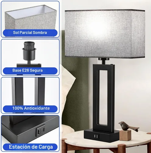 Vista 5 de Juego de 2 lámparas modernas para mesita de noche, con control táctil, USB C y A, regulables de 3 vías para dormitorios y sala de estar, gris y negro
