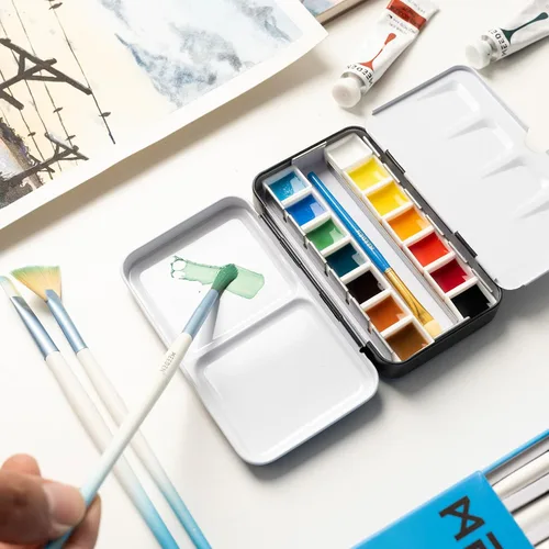 Vista 6 de MEEDEN Paleta de pintura de acuarela vacía: paleta de colores de agua de viaje con 12 medias sartenes - Caja de lata portátil de paleta de metal