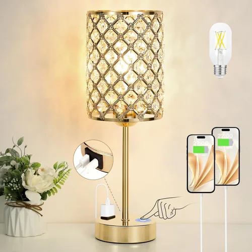 Vista 15 de Lámpara de mesa de cristal con control táctil, lámpara de mesita de noche regulable con puertos de carga USB-C+A y CA, lámpara USB dorada de 3 vías