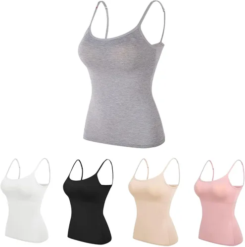 Vista 8 de Camisolas ajustables para mujer con brasier integrado, camiseta sin mangas de algodón elástico, tirantes delgados, cuello redondo Negro