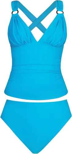 Vista 5 de CUPSHE Traje de baño tankini para mujer, cuello en V, fruncido, traje de baño de dos piezas con anillo en O, espalda cruzada, lazo a media altura