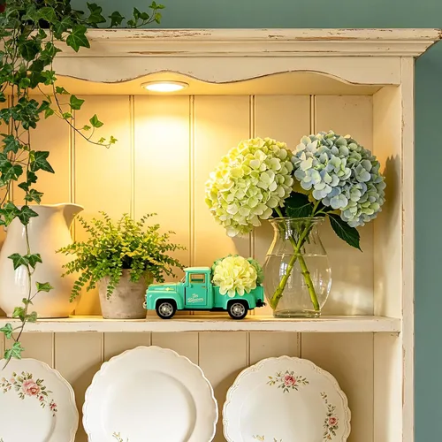 Vista 6 de Huray Rayho Hortensias de metal para camión, con patrón vibrante de hortensias artificiales, decoración de mesa de primavera, bandeja escalonada