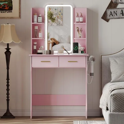 Vista 5 de HUANLEGO Pequeño escritorio rosa con espejo y luces para mujeres y niñas