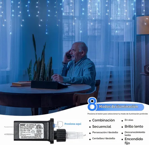 Vista 3 de Luces de carámbano de Navidad azules y blancas, 300 luces LED de 33 pies Azul+blanco