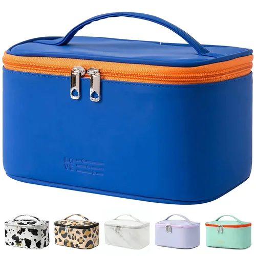Vista 21 de Bolsa de maquillaje pequeña para mujeres, con cremallera, organizador, impermeable, bonita (azul claro)