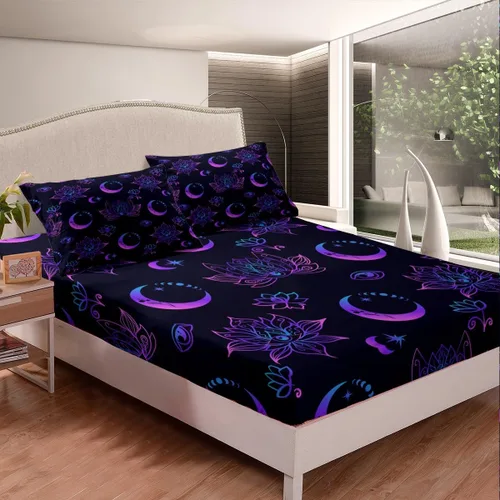 Vista 4 de Erosebridal Juego de sábanas tamaño individual con estampado de luna, diseño de flores de loto, color morado degradado, juego de sábanas orientales