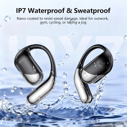 Vista 6 de Auriculares inalámbricos de oreja abierta, auriculares Bluetooth 5.4, micrófono incorporado, IPX7 resistente al agua, estuche de carga con pantalla