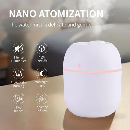 Vista 5 de Mini humidificador portátil pequeño humidificador de niebla fría escritorio personal alimentado por USB súper silencioso para viajes, automóvil