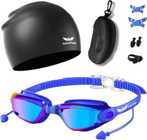 Vista 13 de Gafas de natación 7 en 1 + gorro de natación para hombres y mujeres, sin fugas, antivaho y UV, lente de PC con espejo HD de visión amplia
