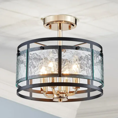 Vista 13 de AGV LIGHTING Lámpara de techo semiempotrada de granja, 3 luces cerca del techo, acabado dorado brillante y negro mate