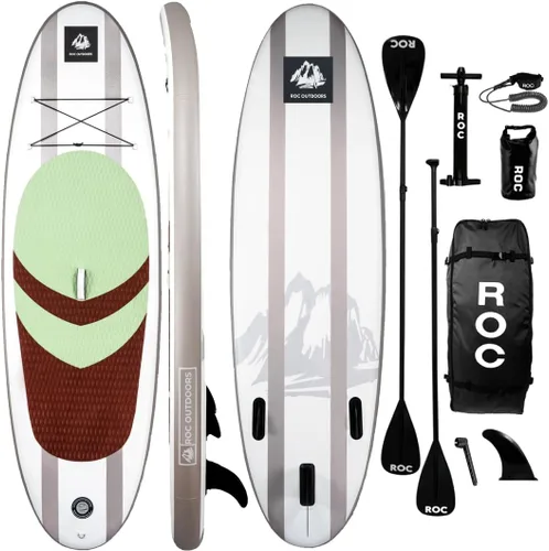 Vista 13 de Roc Tabla de remo inflable con accesorios y mochila de alta calidad, cubierta antideslizante, bolsa impermeable, correa, remo y bomba de mano.