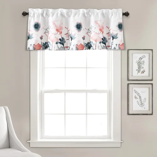 Vista 2 de Lush Decor Zuri Flora - Cenefa para cortina con filtro de luz, 18 pulgadas de largo x 52 pulgadas de ancho, azul y coral (paquete de 2)