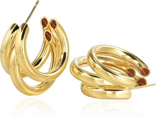 Vista 27 de Aretes de aro gruesos de oro para mujer, chapados en oro de 14 quilates, aretes de aro triple, hipoalergénicos, a la moda, aretes de aro gruesos