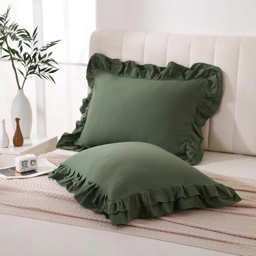 Vista 10 de Bedbay Juego de 2 fundas de almohada beige tamaño Queen, fundas de almohada con volantes, fundas de almohada Shabby Chic tamaño estándar, fundas