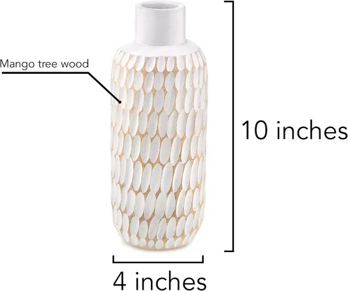 Vista 3 de AeraVida Florero de madera de mango teñido blanco de 10 pulgadas, diseño de gotas de lluvia, jarrón de madera de árbol de mango, jarrón de mesa