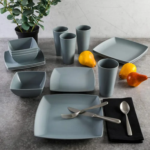 Vista 5 de Gibson Home Soho Grayson - Vajilla cuadrada de melamina para cuatro personas (16 unidades), color gris