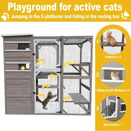 Vista 3 de Gowoodhut Catio grandes recintos para exteriores – Casa de madera para gatos resistente a la intemperie con múltiples plataformas y techo resistente