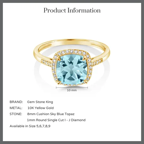 Vista 7 de Gem Stone King Anillo de compromiso de oro amarillo de 10 quilates con topacio azul cielo y diamante para mujer