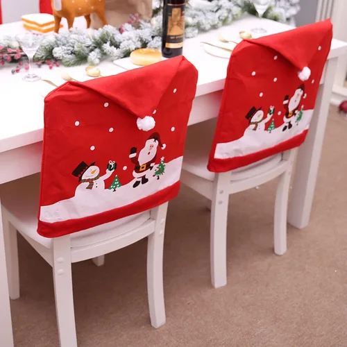 Vista 3 de 1 juego de 4 fundas para sillas de comedor con sombrero rojo, fundas para respaldo de silla de comedor, fundas traseras de silla de comedor