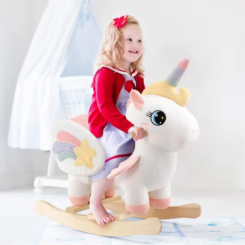 Vista 2 de FUNLIO Caballo mecedor de unicornio para bebé, caballo mecedor de unicornio de hadas arco iris para niños pequeños de 6 meses a 3 años, balancín