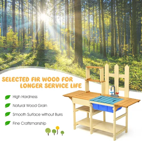 Vista 4 de HONEY JOY Juego de cocina de barro para niños, para interiores y exteriores, juguete de simulación de madera con fregadero extraíble, grifo