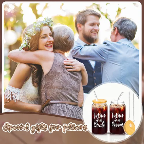 Vista 6 de 2 juegos de tazas de vidrio para madre del novio con tapas y pajitas, tazas de café helado de 16 onzas, regalos de boda para novia y novio (padre)