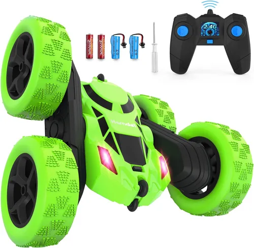 Vista 12 de Hamdol Auto de control remoto para niños, auto de acrobacias RC giratorio de 360°, vehículo eléctrico 4WD de doble cara con luces LED, autos de Azul