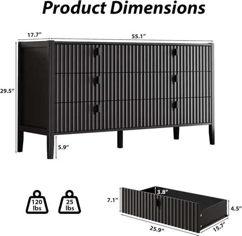 Vista 2 de Cómoda negra de 6 cajones para dormitorio, cómoda de madera moderna, cómoda doble de diseño acanalado con patas de madera, mueble de almacenamiento