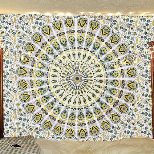 Vista 43 de Tapiz hippie indio bohemio psicodélico dorado azul pavo real mandala colgante en la pared (negro blanco, Queen (84 x 90 pulgadas) (84.6 x 90.6 in)