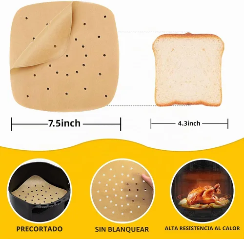 Vista 4 de Katbite 200 piezas de 6.5 pulgadas, revestimientos cuadrados sin blanquear, papel pergamino perforado resistente para freidora de aire, cesta