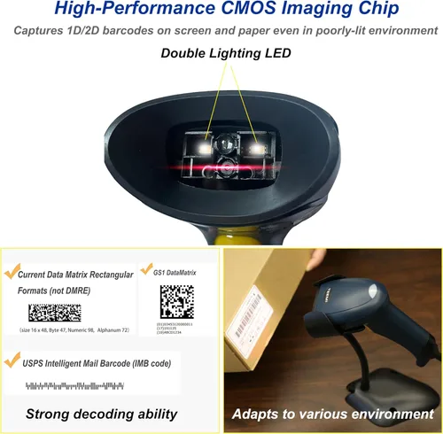 Vista 4 de TEEMI Escáner de código de barras QR con soporte de detección automática manos libres de mano automático USB con cable 1D 2D lector de códigos