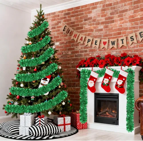 Vista 4 de Guirnalda de oropel de Navidad de 50 pies, guirnalda colgante de oropel metálico de Navidad para árbol de Navidad, decoración de fiestas en Verde