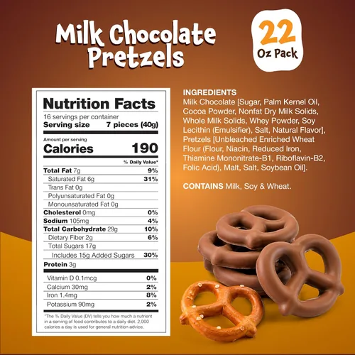 Vista 2 de Pretzels cubiertos de chocolate con leche, aperitivo dulce y salado - Bolsa de 22 onzas Bocadillo de oficina, mini pretzels